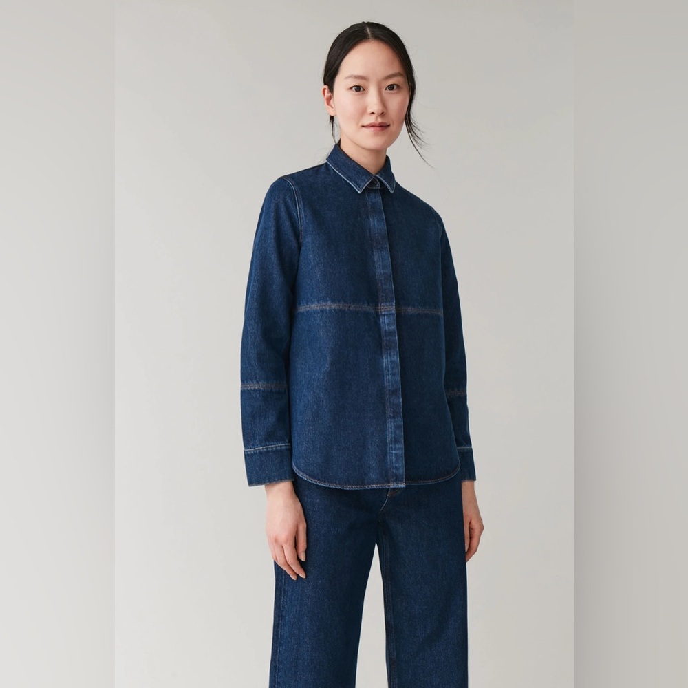 COS dark Denim Jean Shirt jacket Shacket size 4 dark blue minimalist classic - Picture 2 of 9